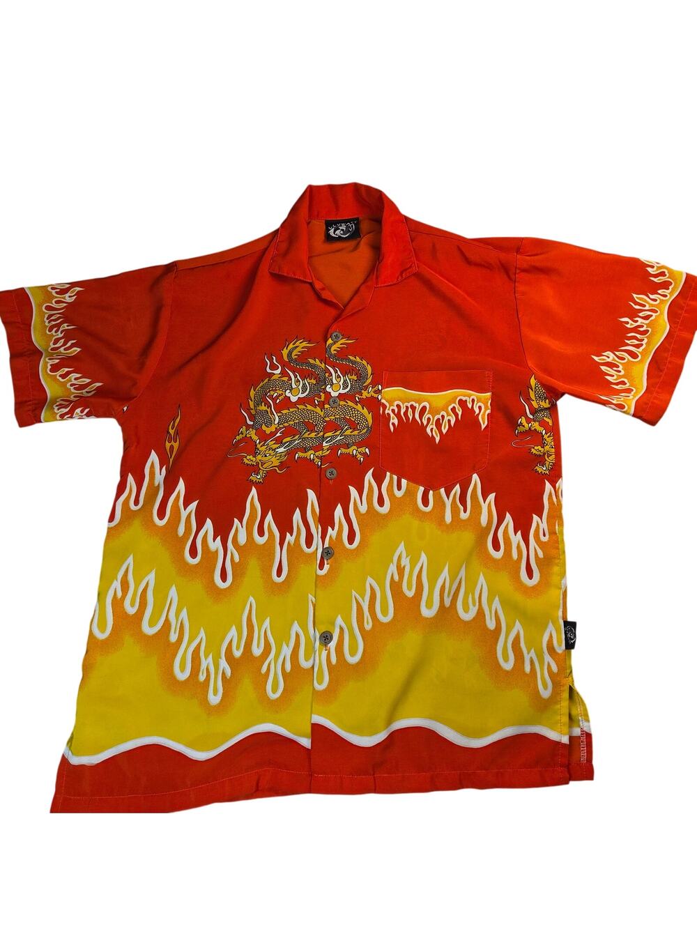 Uluwatu Dragon Flame Rayon Hawaiian Camp Shirt Mens Large Orange Y2K Top